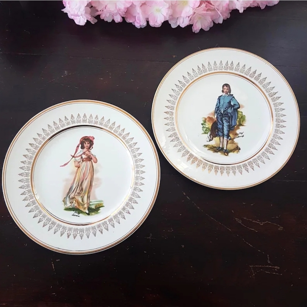 2pc Gainsborough Blue Boy & Pinky Girl 10inch Ironstone Dinner Display Plate Set